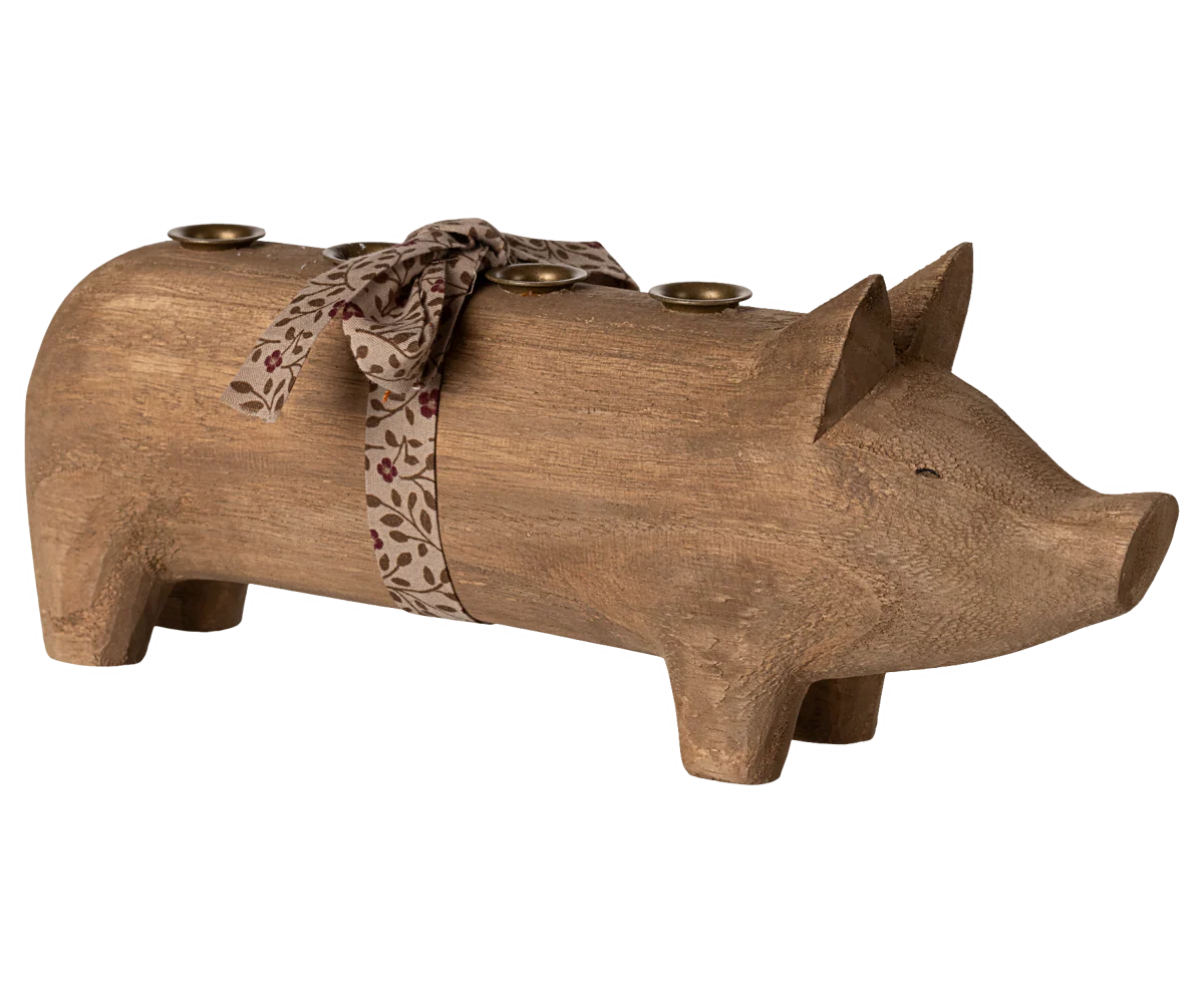 Maileg - Kerzenständer aus Holz, Schwein, Advent - Natur